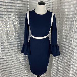 Calvin Klein Blue Form Fitting Bell Sleeves Dress